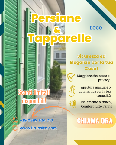 Logo di "Persiane & Tapparelle" con informazioni sui servizi e dettagli di contatto.