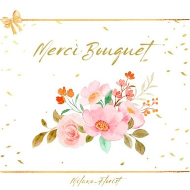 Bouquet di fiori rosa e arancioni con testo "Merci Bouquet" in stile elegante.