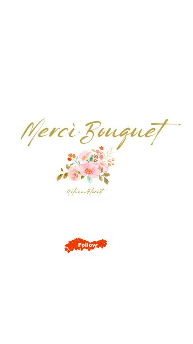 Logo con il testo "Merci Bouquet" decorato con fiori rosa e verde.