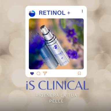 Flacon di siero Retinol + iS Clinical su sfondo sfocato e fiorito.