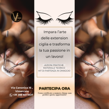 Design promoting eyelash extension training with elegant eye graphic and text details.