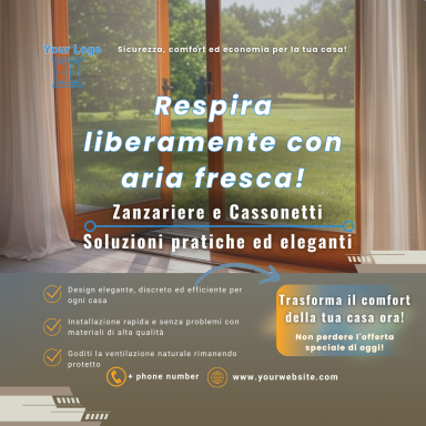 Finestra con tende, slogan su zanzariere e cassonetti per aria fresca e comfort.