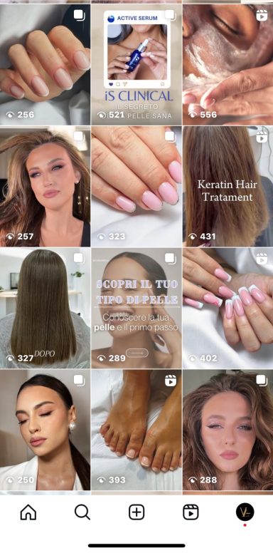 Collage of beauty and nail art photos, featuring hands, hair, and skincare treatments.