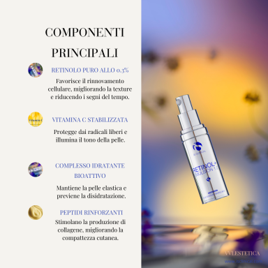 Flacon di siero Retinol + iS Clinical su sfondo sfocato e fiorito.