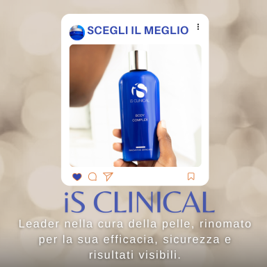 Flacone di prodotto per la cura della pelle con etichetta "iS Clinical".